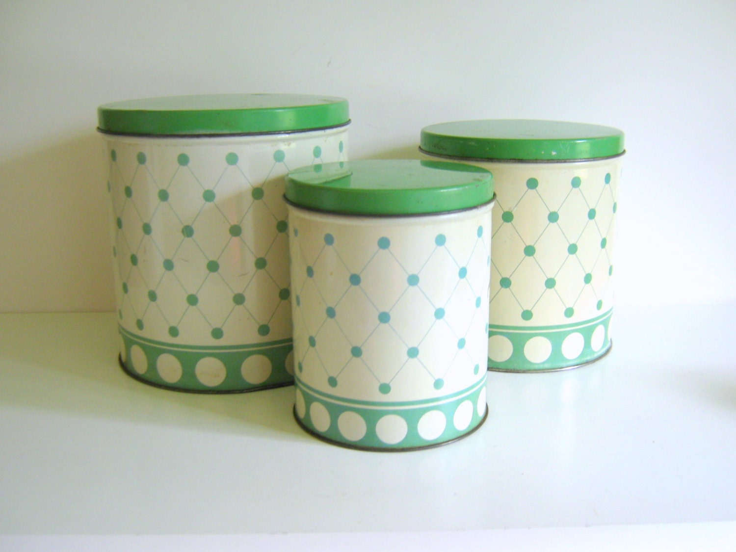 Vintage Kitchen Canister Set Jadite Green Polka Dots - RollingHillsVintage