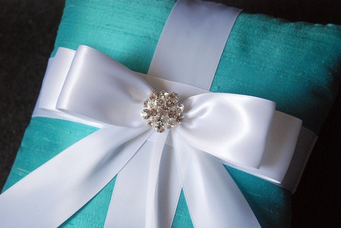 Wedding Ring Pillow - Tiffany Blue Ring Bearer Pillow with White Bow and Rhinestones - Helen