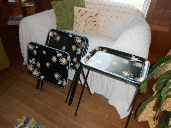 Vintage black Mid century TV tray set of four by oragracevintage
