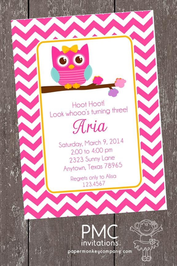 Pink Chevron Owl Birthday Invitations - Any Age - 1.00 each with envelope Il_570xn