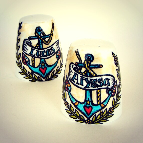 Ceramic Salt and Pepper Shakers tattoo rockabilly by sewZinski