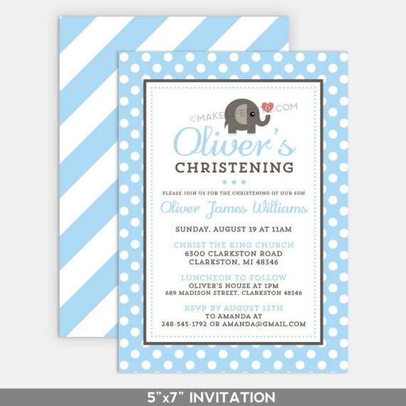 ELEPHANT - Printable 5"x7" Invitation - for Baptism, Christening, Dedication or First Communion - Baby Elephant Collection by Make Life Cute Il_570xn