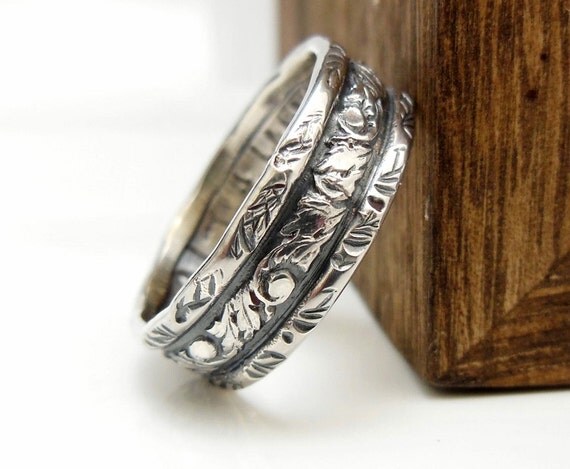 Sterling Silver Wedding Band, Mens Ring, Textured Band, Leaf Stamped ...