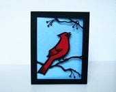 Winter HOLIDAY Greeting Card CARDINAL Christmas Bird Cut Paper Red & Blue - arwendesigns