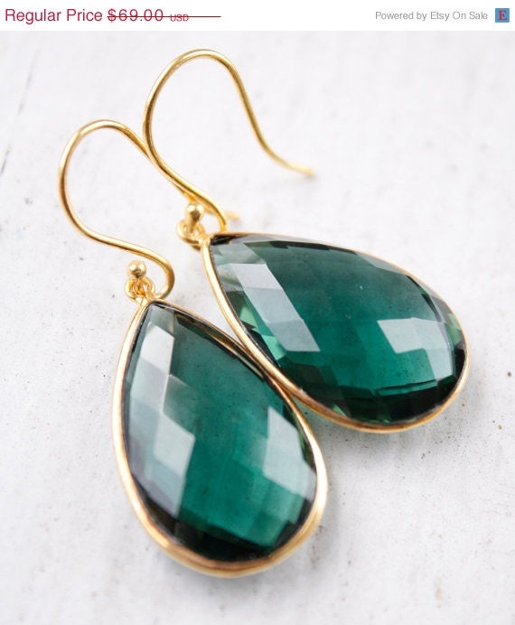 SALE Gold Teal Quartz Teardrop Earrings Deep Teal Green by OhKuol