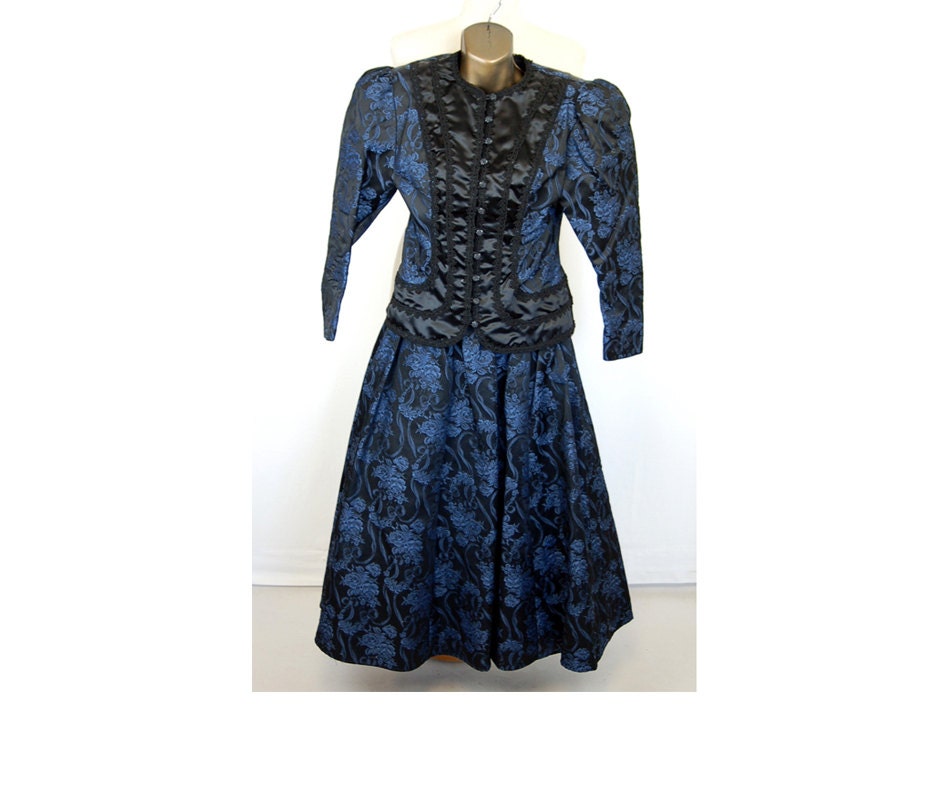 1980s brocade suit, Scott McClintock suit, Steampunk, blue black, Victorian style, satin and brocade, Size 4, Size small - vintagerunway