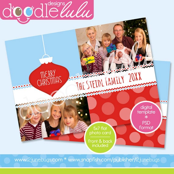 INSTANT DOWNLOAD Digital Printable 5x7 Blue Red Polka Dot Ornament Christmas Photo Card Template (Photoshop) PSD by Doodlelulu 2 june bugs Il_570xn