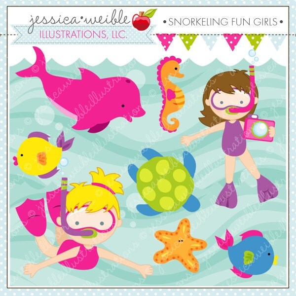Snorkeling Fun Girls Cute Digital Clipart for Card Design, Scrapbooking, and Web Design, Summer Swimming Clipart Il_570xn