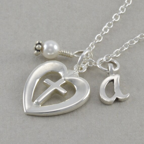 Little Girls Cross Heart Necklace pearl by SixSistersBeadworks