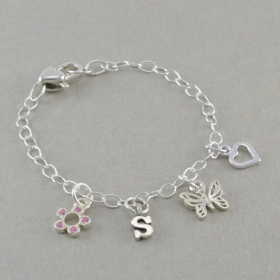 Flower Girl Bracelets Charm Bracelet, Sterling Silver, heart, initial ...
