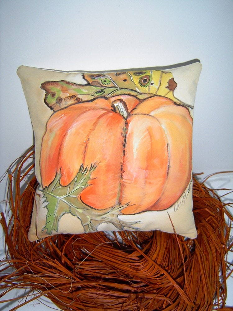 A Touch of Pumpkin - 7x7 Hand Painted Pillow-ette - Autumn Decor - Changing leaves - PAINTEDPILLOWS