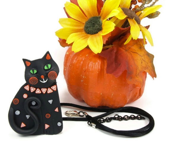Halloween Black Cat Necklace to Brooch conversion, Orange, Black, Polymer Clay - MelodyODesigns