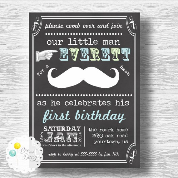 Mustache Invitation for Birthday Party or Baby Shower - Boys DIY Vintage Mustache Chalkboard Printable Invite by BeeAndDaisy Il_570xn