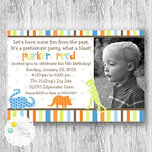 Dinosaur Invitation for Birthday Party or Baby Shower - Boys DIY Dino Mite Bright Printable Photo Invite by BeeAndDaisy Il_570xn