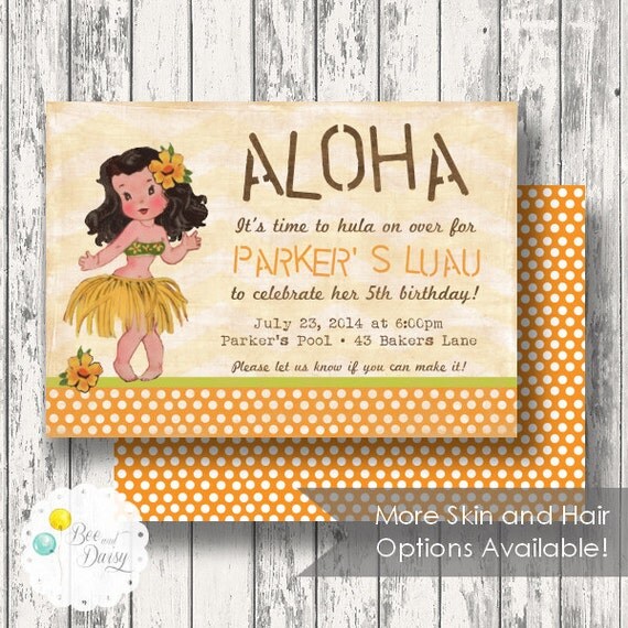 Vintage Luau Invitation for Birthday Party or Baby Shower - Girls Hula DIY Printable Invite by BeeAndDaisy - Skin and Hair Options Il_570xn
