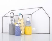 Family Dolls Doll-house Handmade , parents & children - Modern Family in Yellow, gray, blue geometric clothes, 12th scale Miniature - TIMOHANDMADE Family Dolls Doll-house Handmade , parents & children - Modern Family in Yellow, gray, blue geometric clothes, 12th scale Miniature - TIMOHANDMADE