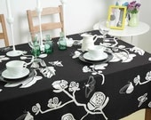 Black White Flowers Butterfly Tablecloth 56inch----100% Cotton Canvas Choose Lace Trim - artwhitepear