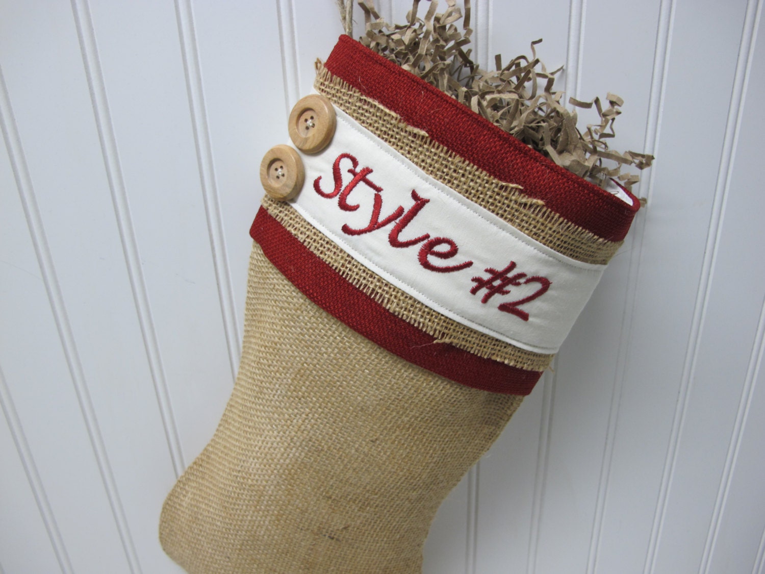 Burlap Personalized Christmas Stocking with red accents and 2 buttons - Style #2