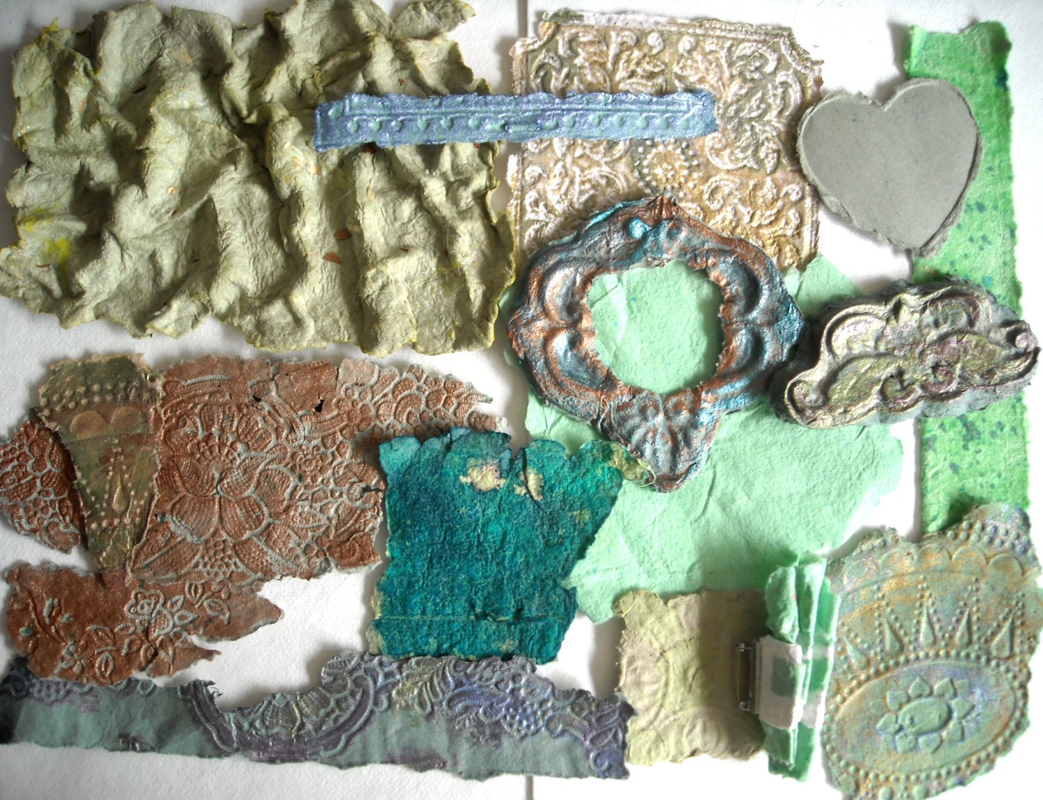 Decorative Paper, Mixed Media Collage Art, Collage Supplies, Green, Copper, Textured Paper, Handmade Paper, Mixed Media Supplies, Cast Paper - ThresholdPaperArt