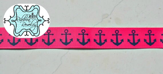 patriotic nautical navy anchors on fuscia pink 7/8" grosgrain ribbon Il_570xn