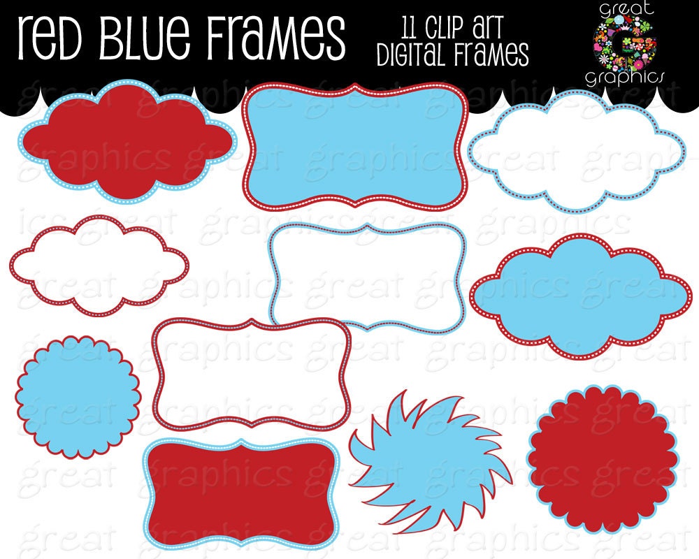 Red and Blue Frame Kids Birthday Party Digital Frame Clipart Printable Red Aqua Frame Clip Art Digital Clipart Printable- Instant Download Il_570xn
