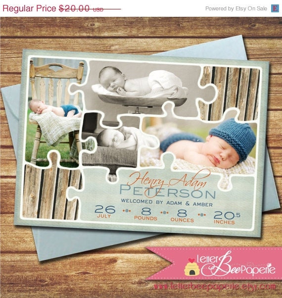 ON SALE Puzzle Piece Custom Baby Boy Birth Announcement - DIY Printable Card - Choose Your Colors - Multi-photo card, New Baby, Invitation Il_570xn