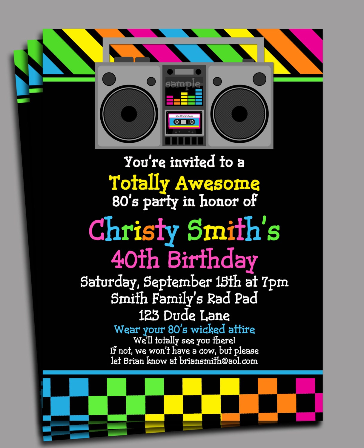 80s Party Invitation Printable or Printed with FREE SHIPPING