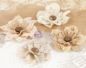 Prima fabric flowers La Tela 571122 - natural vintage style canvas & eyelet lace fabric flowers embellished with wood button centers (4 pcs)