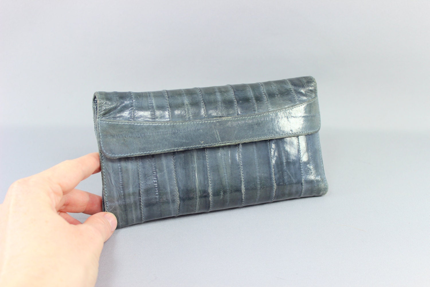 Vintage Wallet / Dusty Blue Eel Skin Billfold / Women's Wallet