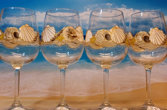 Seashell Wine Glass Set Four Glasses by on Etsy