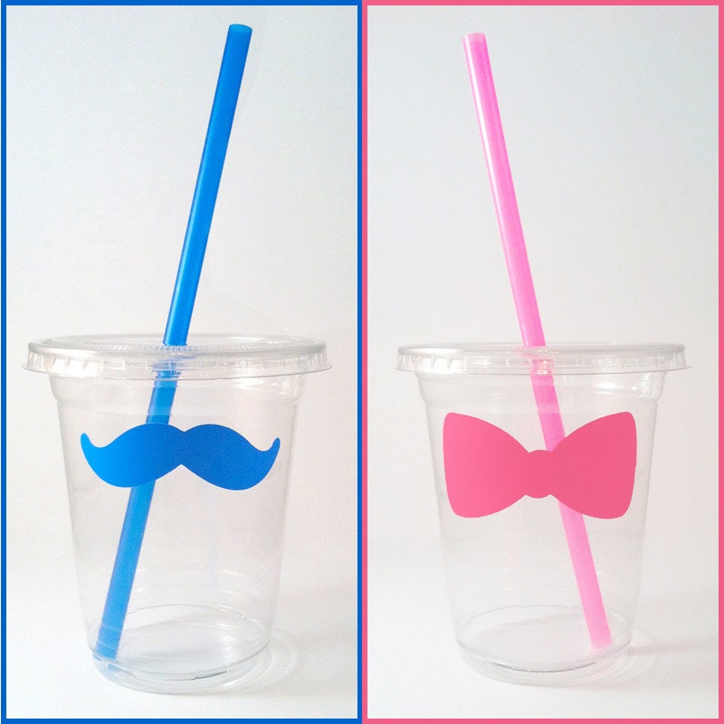 12 Gender Reveal Disposable Party Cups, Lids & Plastic Straws - Blue Mustache - Pink Bow - Gender Reveal Party - 12 oz or 16 oz Il_570xn