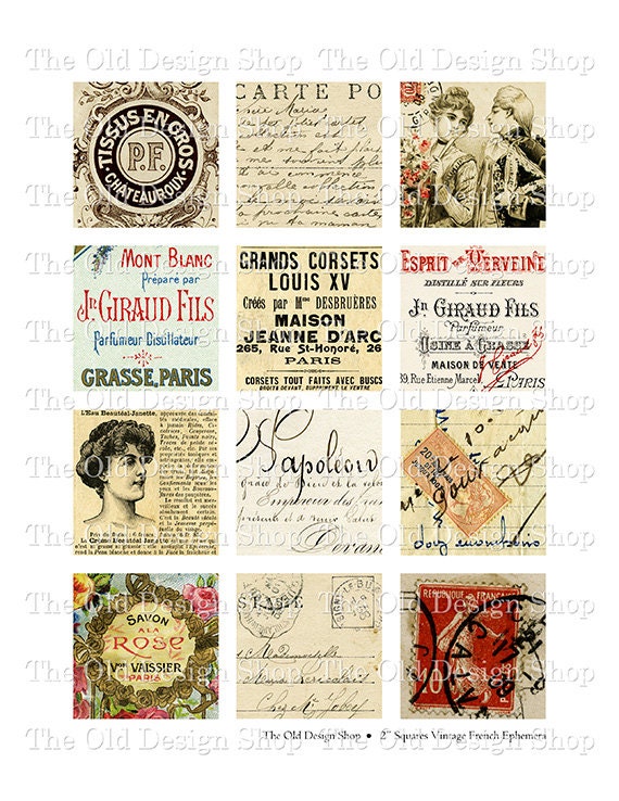 Vintage French Ephemera 2 inch Squares by on Etsy
