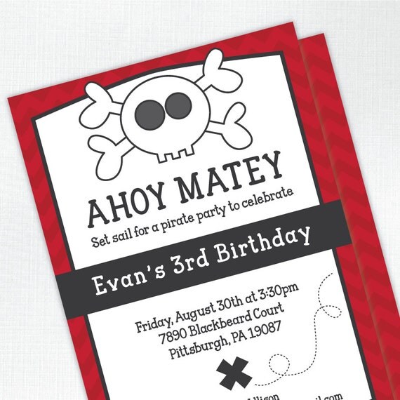 Pirate Skull Birthday Invitation - PRINTED - Printable file also available Il_570xn