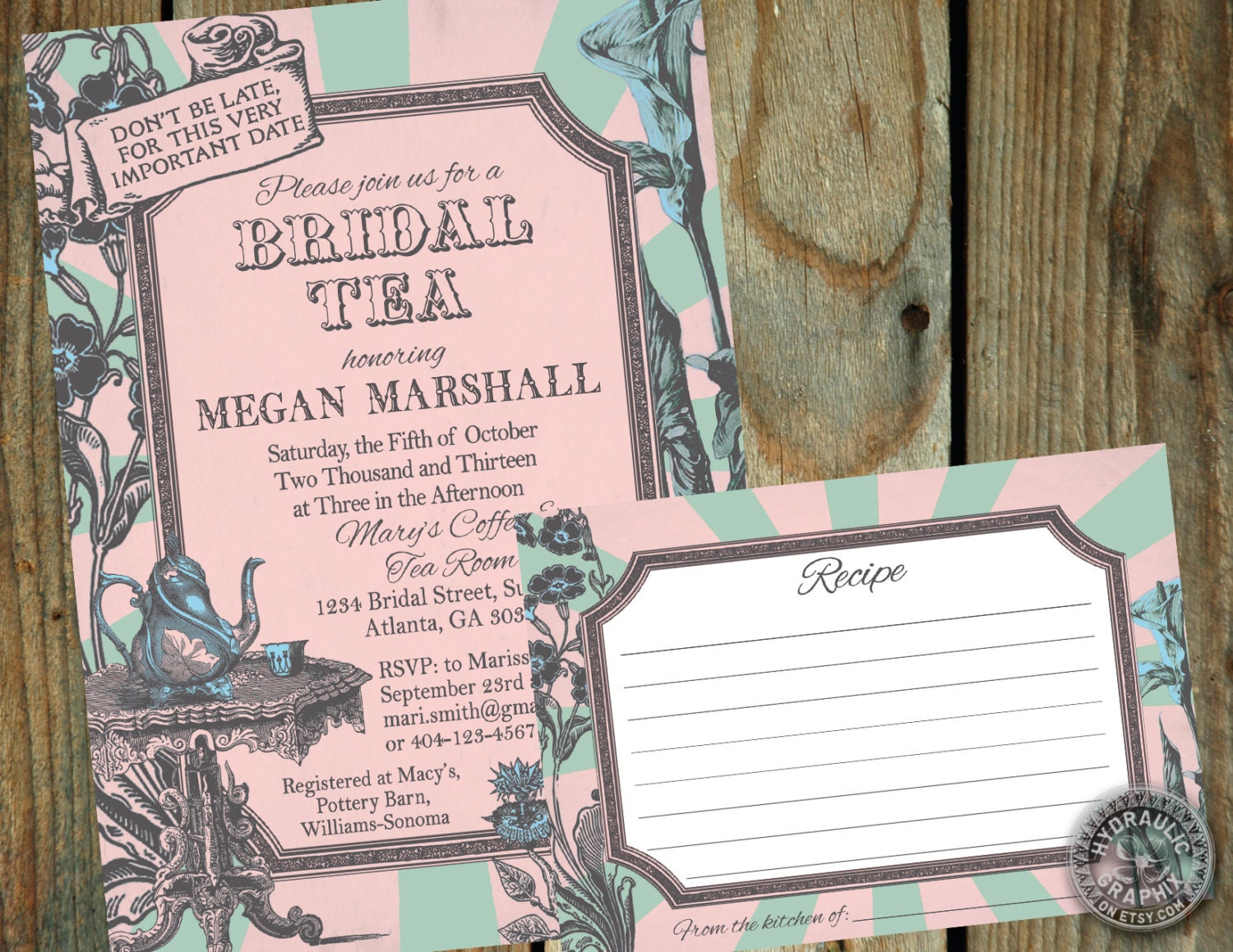 Alice in Wonderland Mad Hatter tea Party Inspired bridal shower Invitation and Recipe card Il_570xn