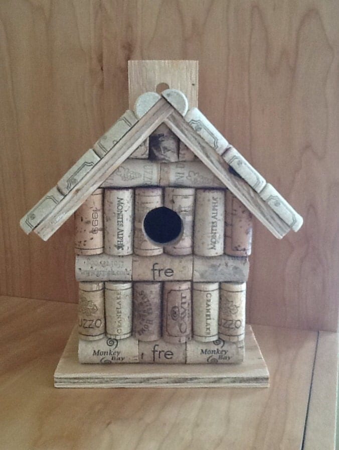Wine cork and wood wooden birdhouse bird by LesliesCorkCreations