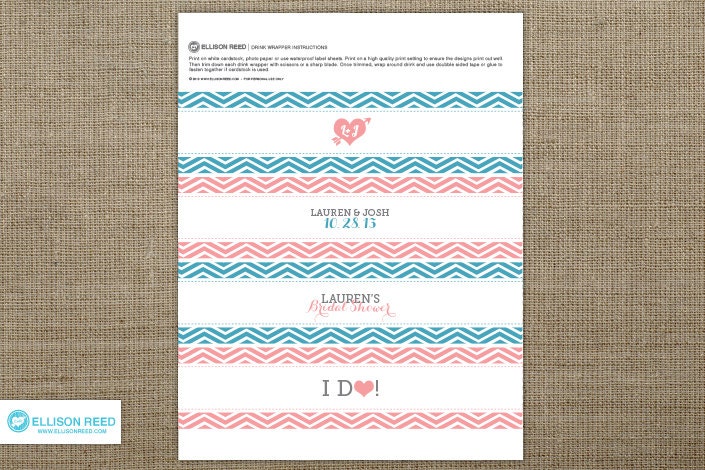 Bridal Shower Printable - Drink Wrap Designs - Wedding printable - Bridal shower decoration - Chevron Printable - Wedding Party - Heart Il_570xn