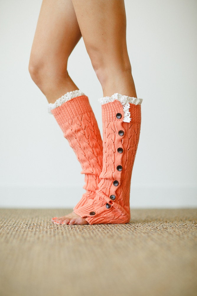 Lace Leg Warmers Coral Lacy Knitted Button Down Leg Warmers Boot Cuffs (LWK1) with Crochet Trim Button Up LegWarmers - ThreeBirdNest