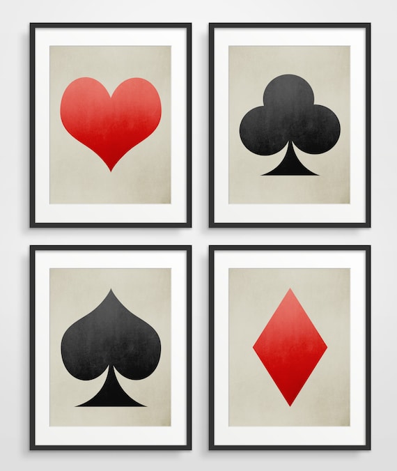 Geometric Art Set of 4 Prints, Playing cards, Ace of Spades, Heart, Industrial Decor Red and Black
