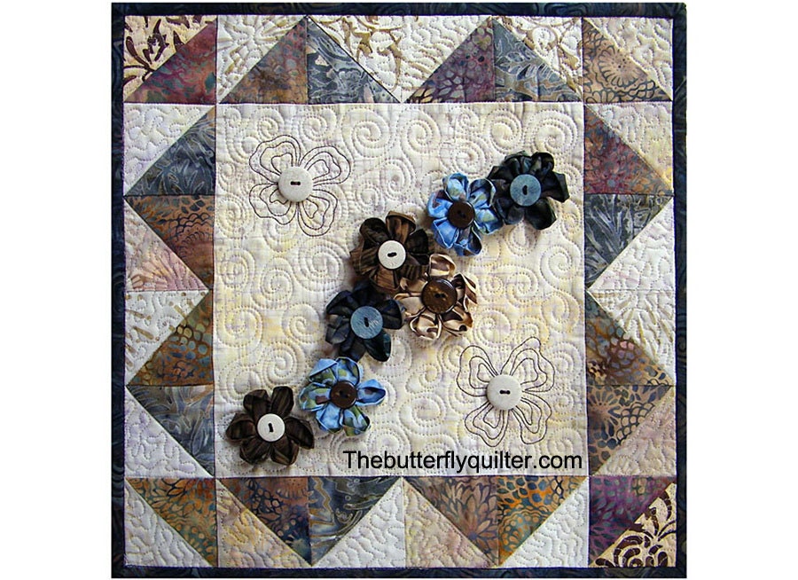 Kanzashi Flower Quilted Wall Hanging Textile Art Blue and Brown