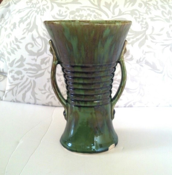Items similar to Brush Mccoy Onyx Vase Green and Brown Molted Glaze Art Pottery Arts and Crafts