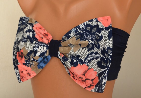 Padded Thiner Back Coral Floral Bow Bandeau Bikini Top With