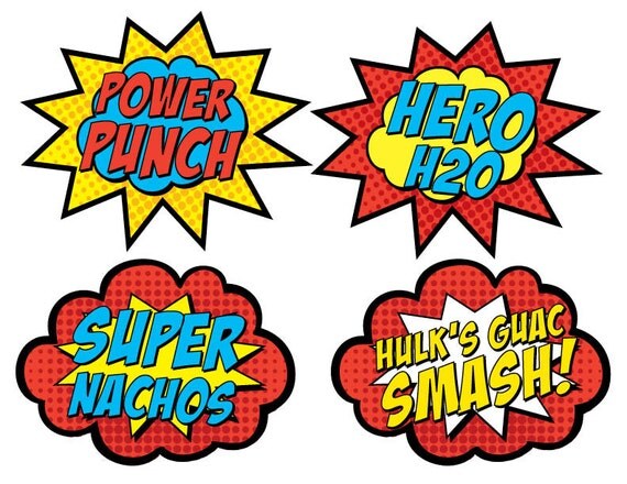 8 Custom Text Superhero Food Cards Printable by BsquaredDesign