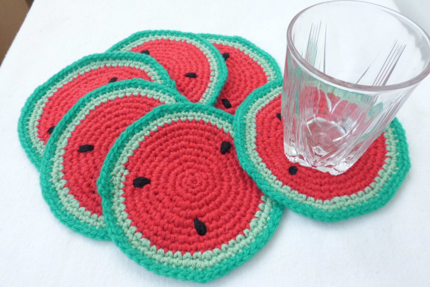6 crochet watermelon coasters, kitchen accessories, red crochet coasters, kitchen cotton coasters, red table decor, red crochet gift - Adorablewares