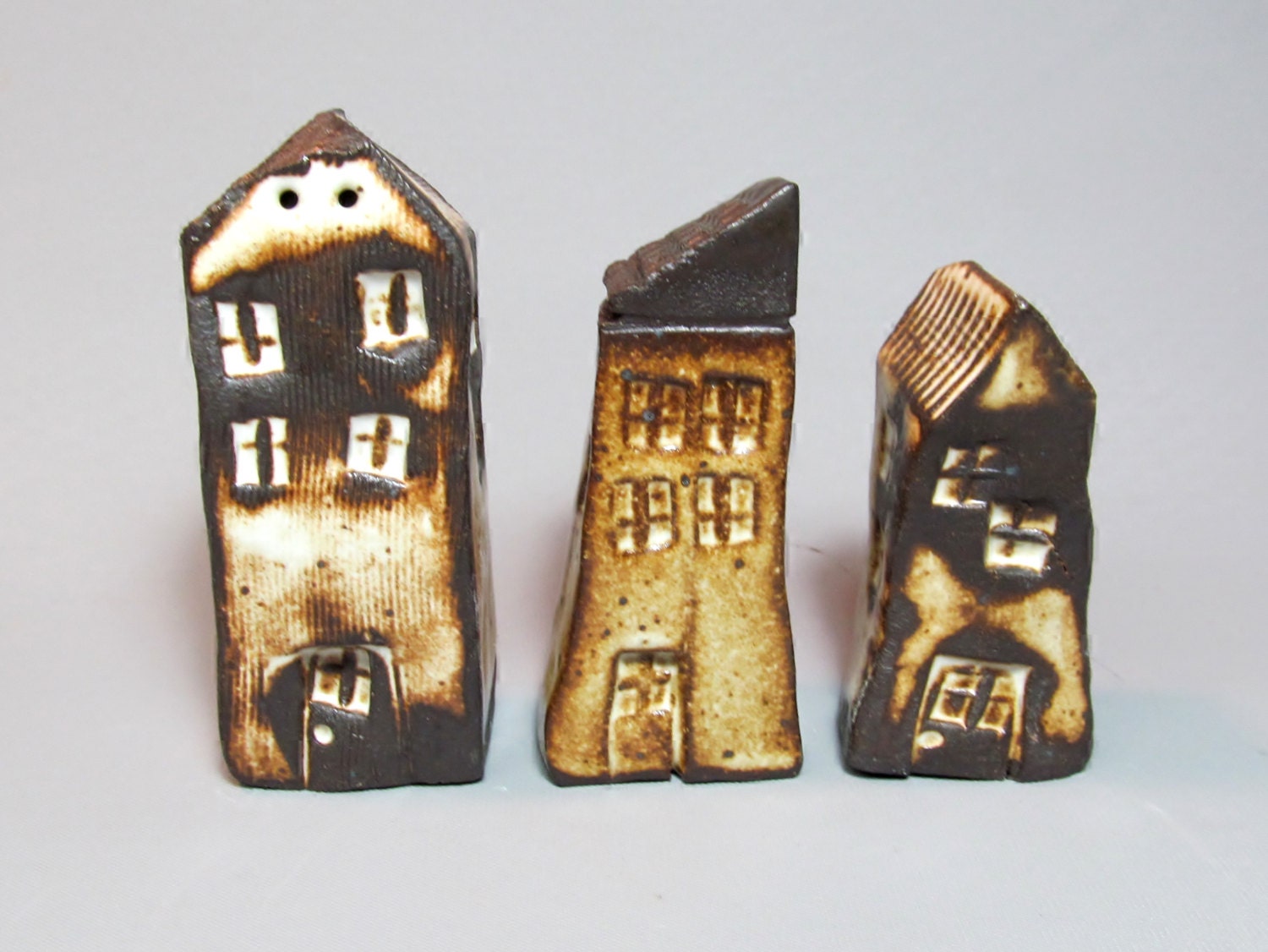 3 Small Ceramic  Houses, One of a kind, Collectible, Rustic Houses, Home Decor, Gift - BadDogCeramics