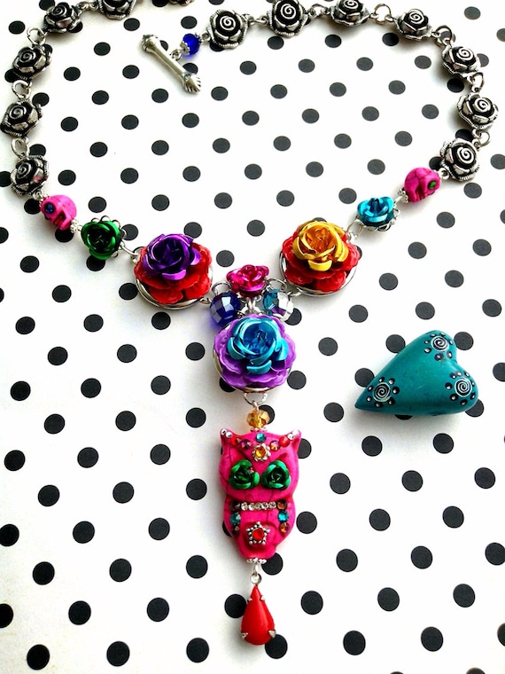 Rose Garden Sugar Skull Owl with Metal Roses with Swarovski Crystals Rhinestone Pin Up Girl Necklace