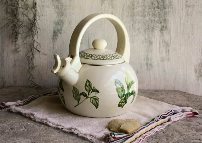 Vintage Villeroy and Boch Whistling Tea Kettle in an Herbal Pattern Cream Color with Green and Yellow Accents - SunchowdersVintage