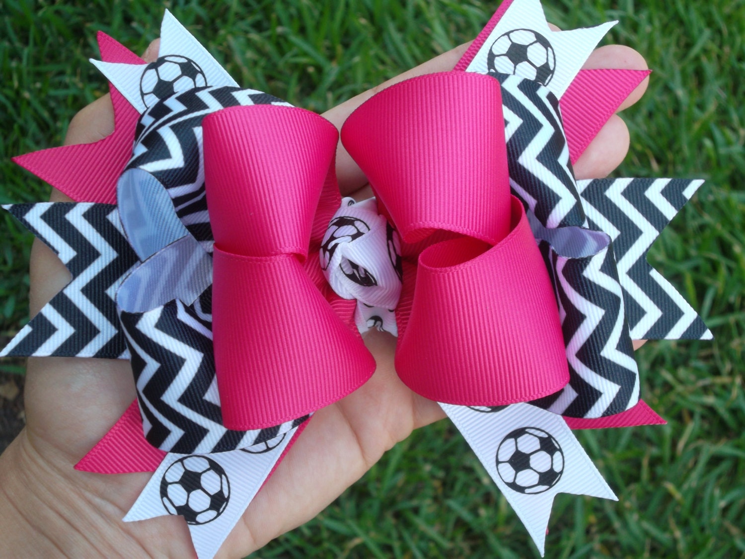Fuchsia Soccer Hair Bow Chevron Soccer Bow Stacked Pink Soccer Boutique Bow - ransomletterhandmade