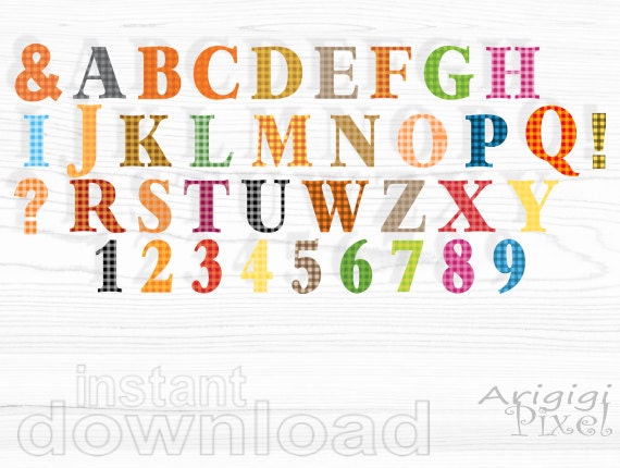 alphabet clip art set , gingham alpha clipart, warm fall colors, letter and numbers, commercial use digital elements, instant download Il_570xn