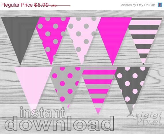 EVERYTHING 70 % OFF Pink and gray printable banner, polka dot and stripes, girly party decoration, PDF files inatynt download Il_570xn