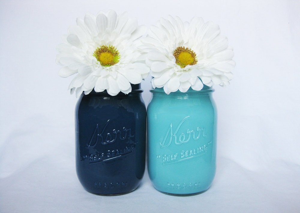 Blue Mason Jars, Painted Mason Jars, Colored Mason Jars, Set of Two, Blue Jars, Mason Jar Set - TheCraftyEngineerx